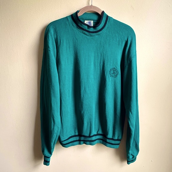 Robert Bruce Academia Vintage L/XL Mock Neck Varsity Green Black Crest Sweater - Picture 2 of 8